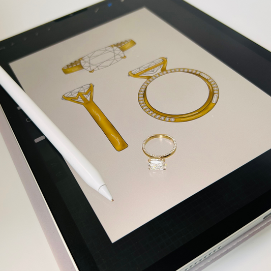 Custom engagement ring design sketch on iPad with gold diamond band by Ethan Lord Jewelers