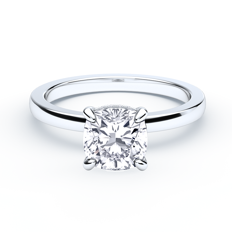 Cushion Cut Diamond Ring With Hidden Halo Plain Band