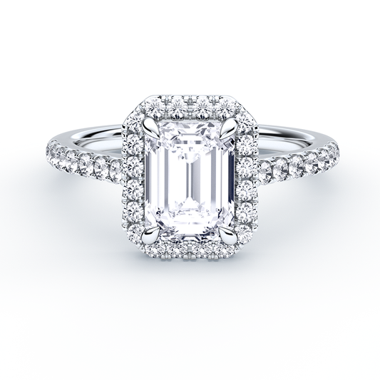 Emerald Cut Diamond Ring With Cathedral Halo Diamond Band