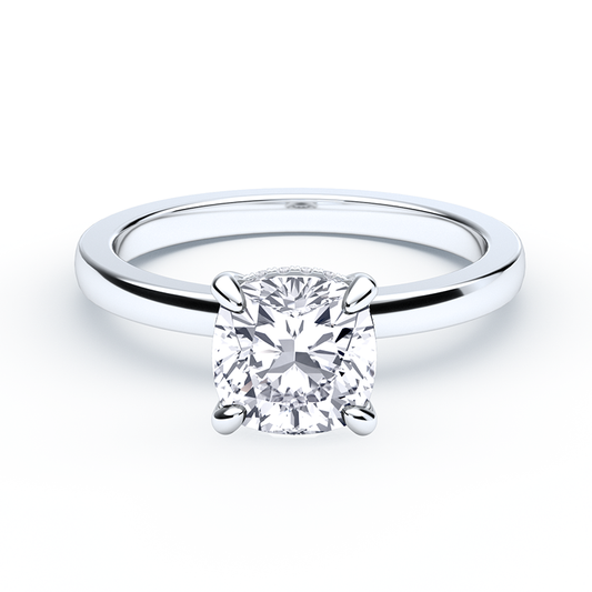 Cushion Cut Diamond Ring With Hidden Halo Plain Band